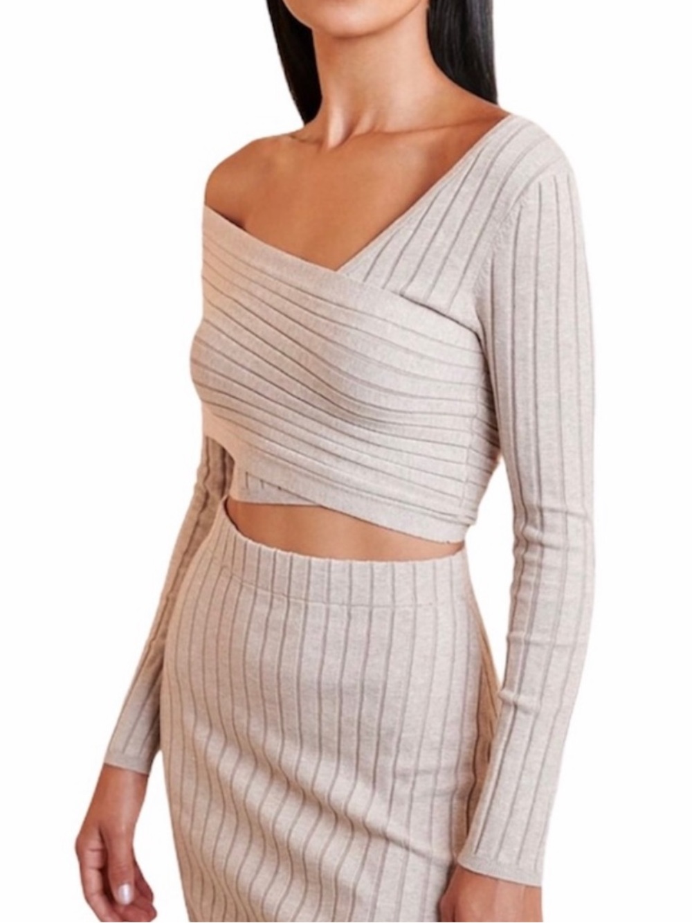 Ronny Kobo Rosette Oatmeal Asymmetrical Wrap Ribbed Knit Crop Top Neutral Date - Picture 3 of 13